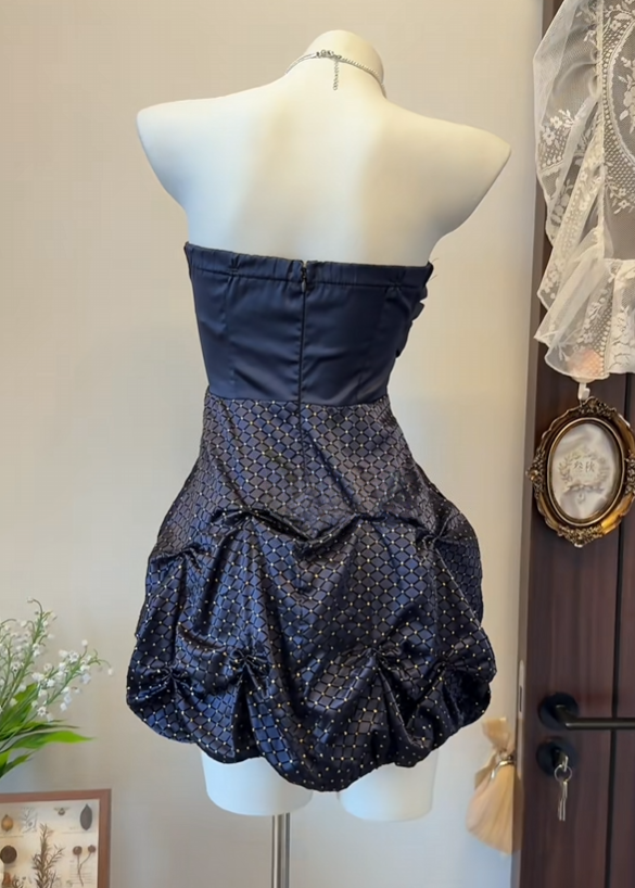 Dark Blue Satin Bow Tube Top Puff Hem Short Dress Evening Cocktail Dress  P2642