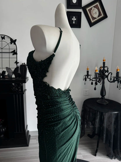 Dark Green Mermaid Formal Prom Dress Open Back Evening Dress  P1993