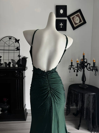 Dark Green Mermaid Formal Prom Dress Open Back Evening Dress  P1993