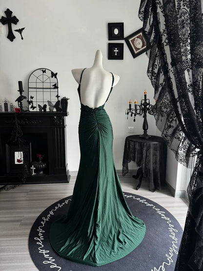 Dark Green Mermaid Formal Prom Dress Open Back Evening Dress  P1993