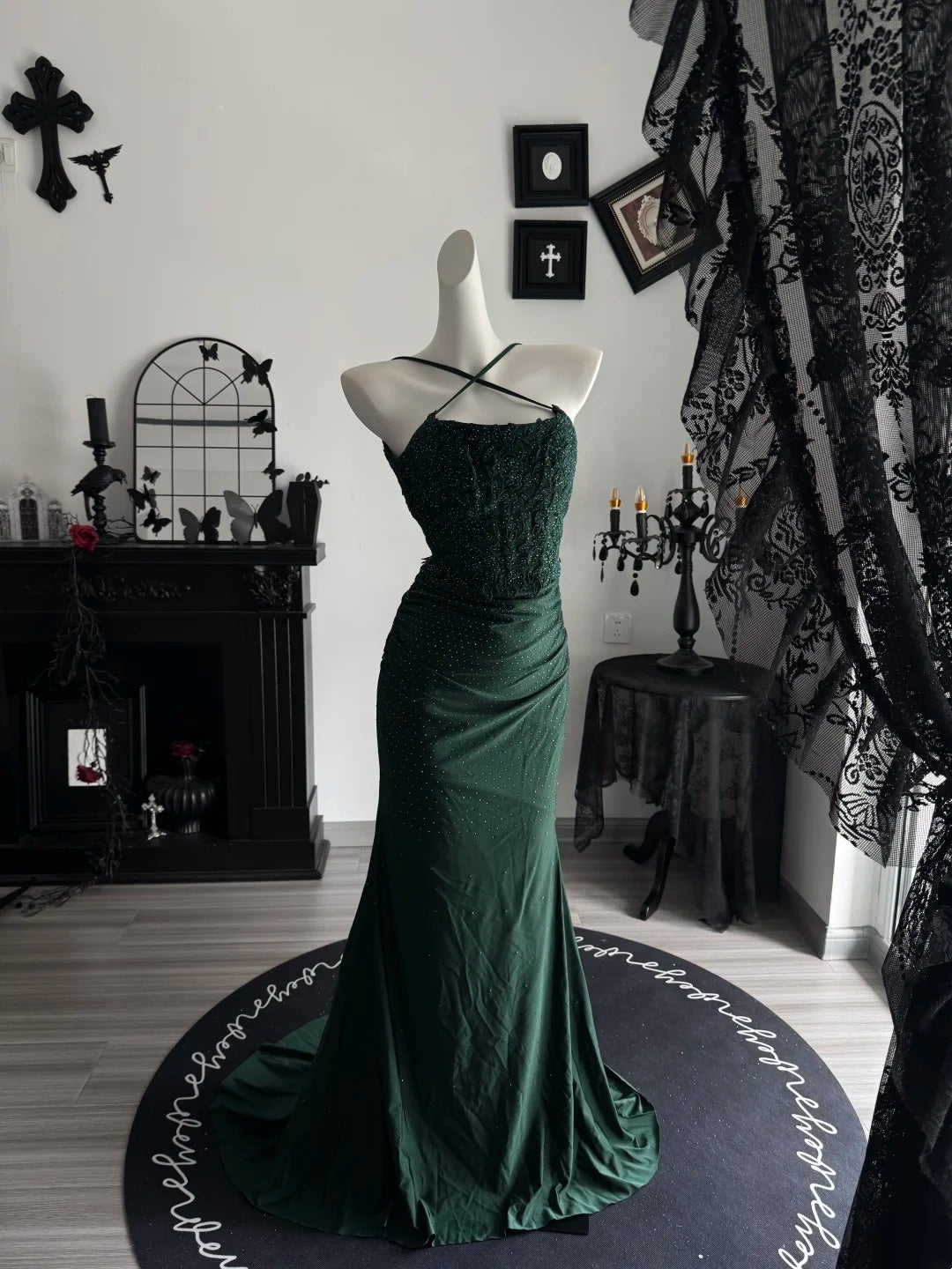 Dark Green Mermaid Formal Prom Dress Open Back Evening Dress  P1993