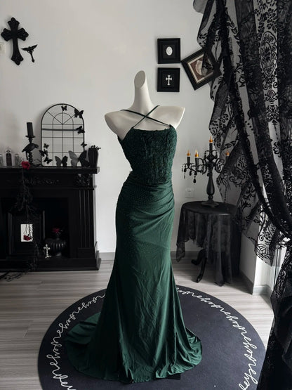 Dark Green Mermaid Formal Prom Dress Open Back Evening Dress  P1993