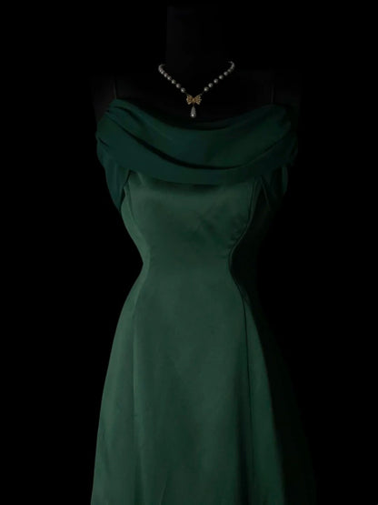 Dark Green Satin A Line Prom Dress Retro Evening Dress   P1902