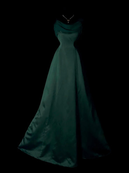 Dark Green Satin A Line Prom Dress Retro Evening Dress   P1902