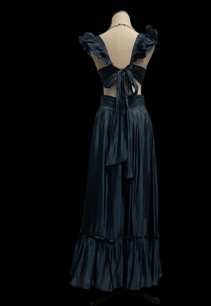 Dark Teal A Line Prom Dress Ruffled Straps Wedding Guest Dress  P1056