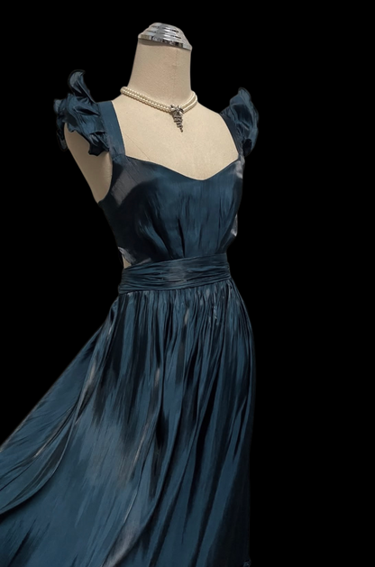 Dark Teal A Line Prom Dress Ruffled Straps Wedding Guest Dress  P1056