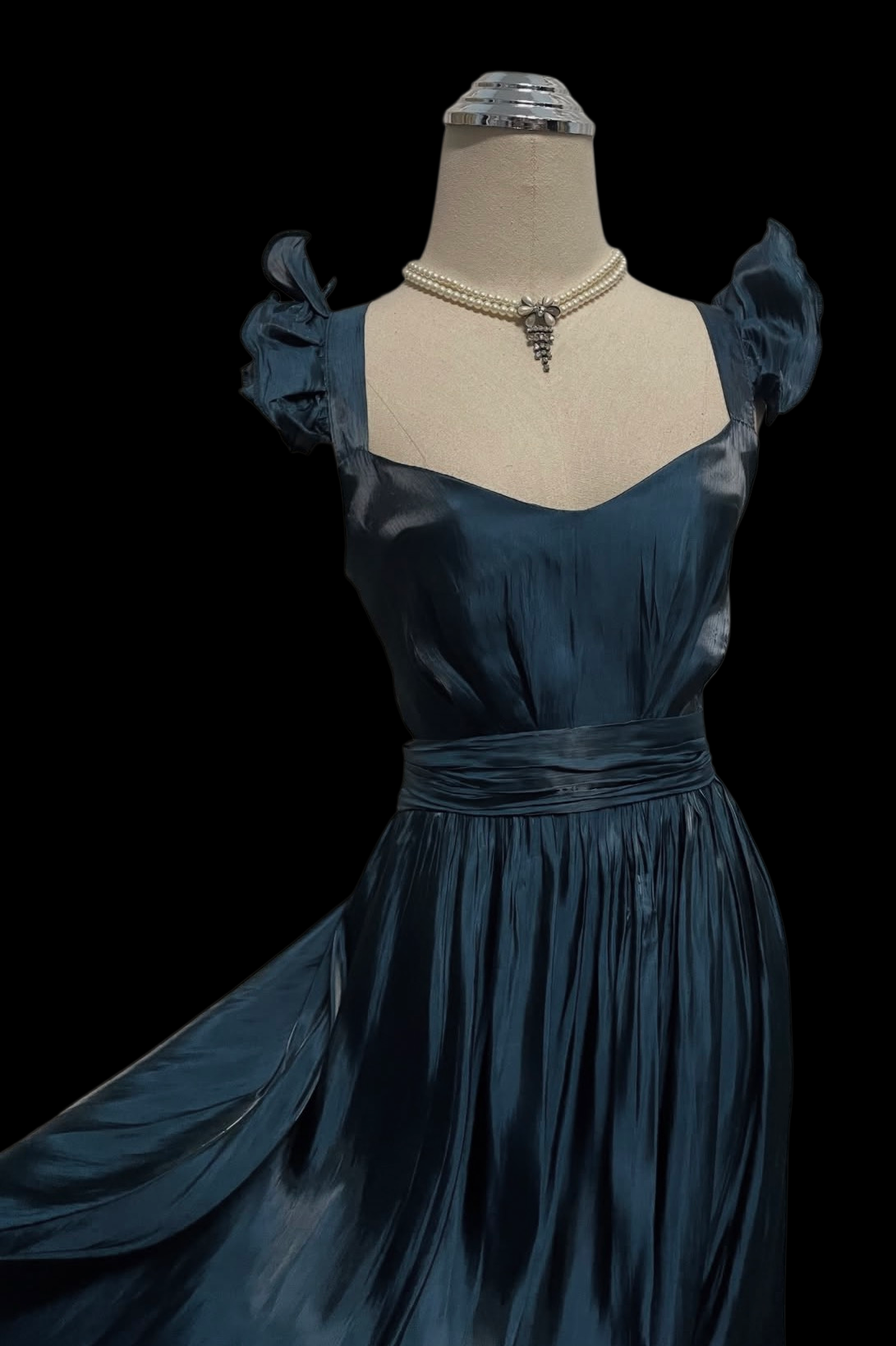 Dark Teal A Line Prom Dress Ruffled Straps Wedding Guest Dress  P1056