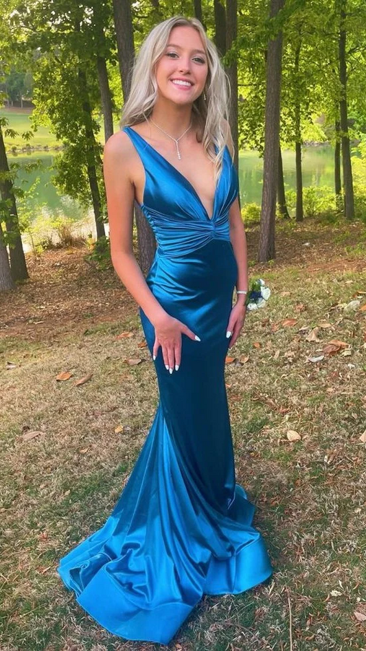 Deep V-Neck Mermaid Satin Prom Dresses Graduation Dress  P619
