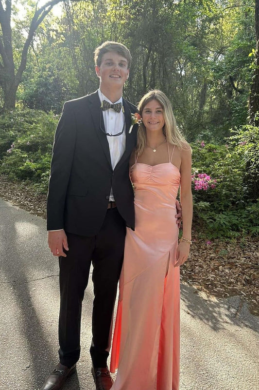 Double Straps Peach Ruched Long Dress With Slit  P1006