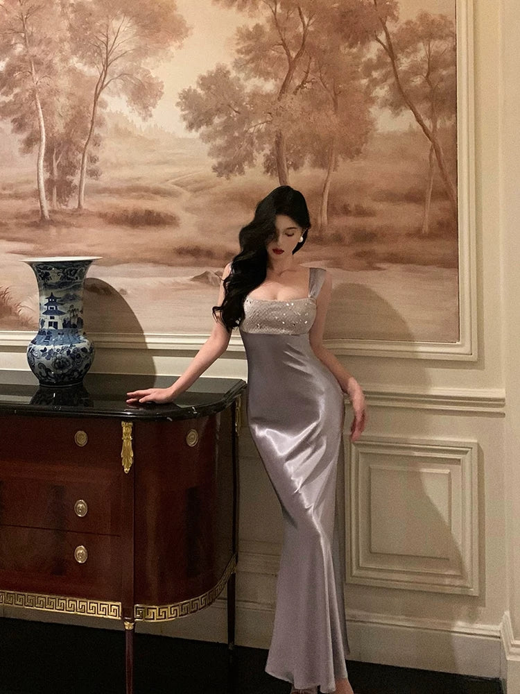 Dusty Purple Sheath Satin Prom Dress Birthday Dress  P629