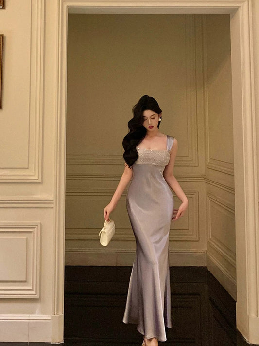 Dusty Purple Sheath Satin Prom Dress Birthday Dress  P629