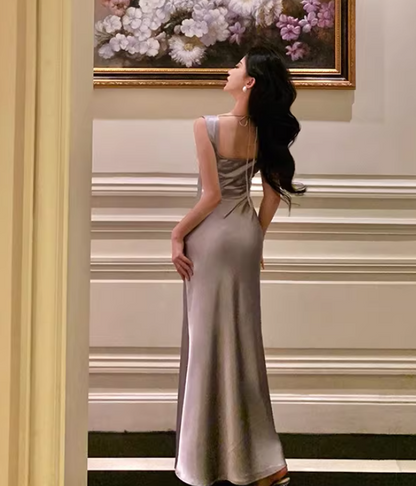 Dusty Purple Sheath Satin Prom Dress Birthday Dress  P629