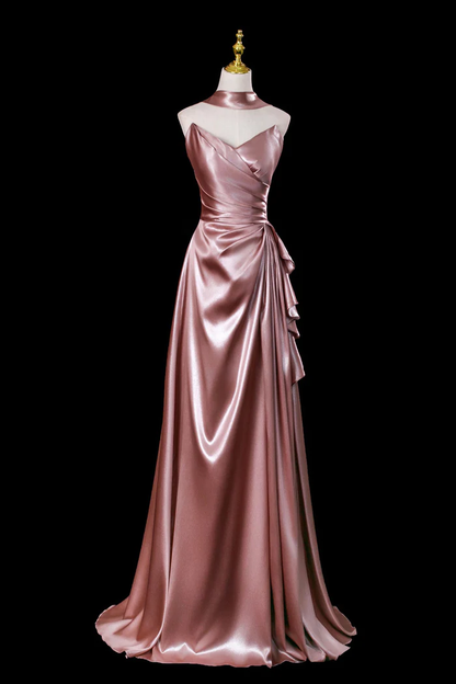 Dusty Rose Satin Evening Gown Off The Shoulder Floor Length Formal Dress  P650