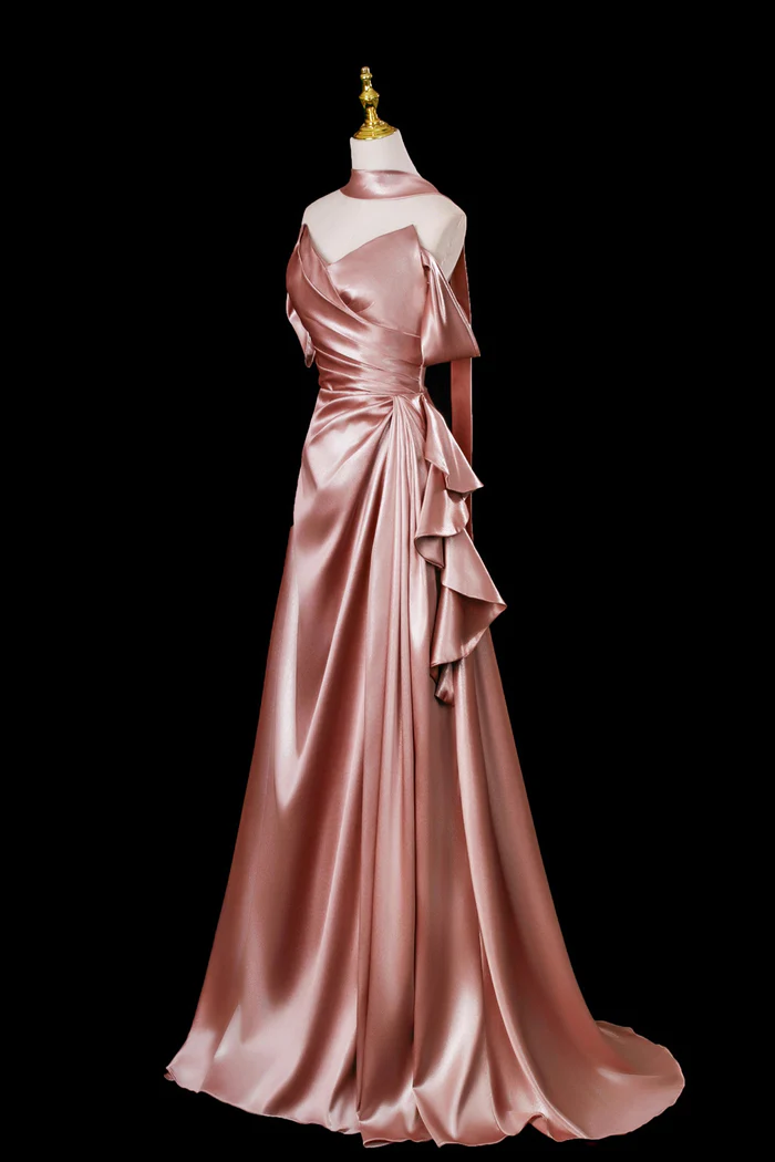 Dusty Rose Satin Evening Gown Off The Shoulder Floor Length Formal Dress  P650