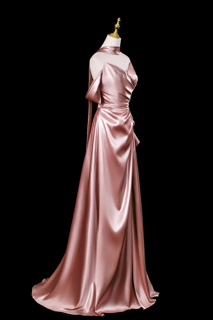 Dusty Rose Satin Evening Gown Off The Shoulder Floor Length Formal Dress  P650