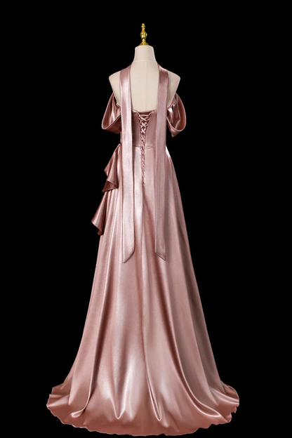 Dusty Rose Satin Evening Gown Off The Shoulder Floor Length Formal Dress  P650