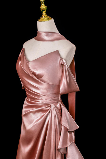 Dusty Rose Satin Evening Gown Off The Shoulder Floor Length Formal Dress  P650