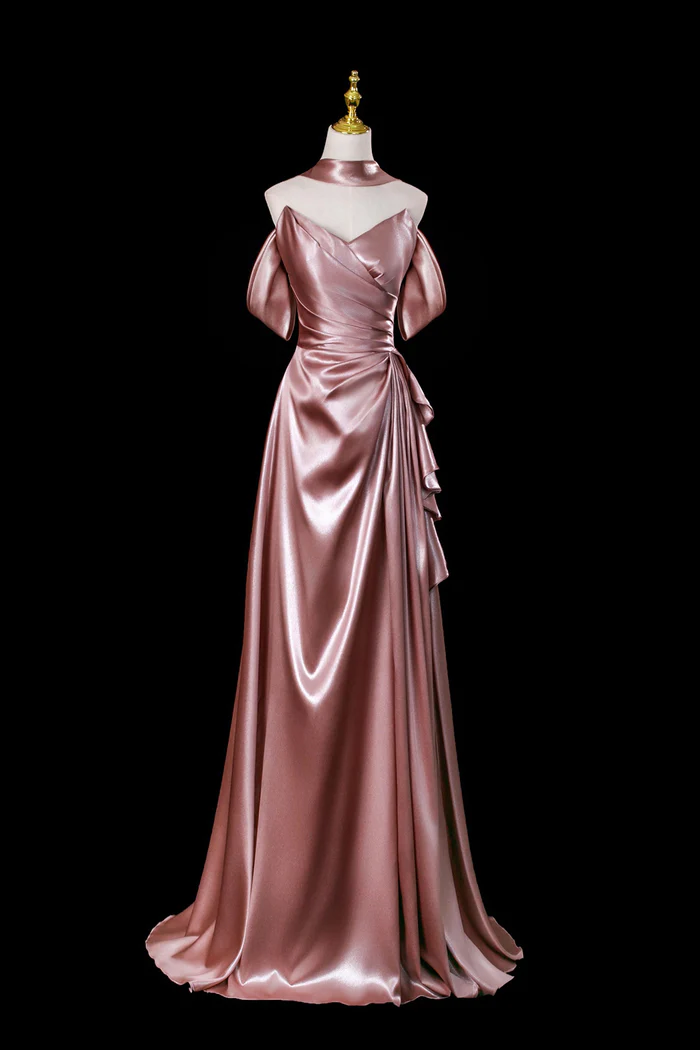 Dusty Rose Satin Evening Gown Off The Shoulder Floor Length Formal Dress  P650