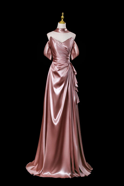 Dusty Rose Satin Evening Gown Off The Shoulder Floor Length Formal Dress  P650