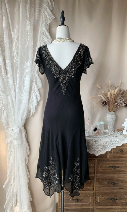 Elegant Black Chiffon Evening Dress Beaded Midi Dress  P1360