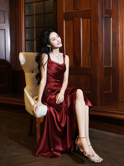 Elegant Burgundy Satin Prom Dress Layered Wedding  Guest Dress P1609