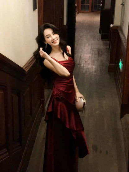 Elegant Burgundy Satin Prom Dress Layered Wedding  Guest Dress P1609