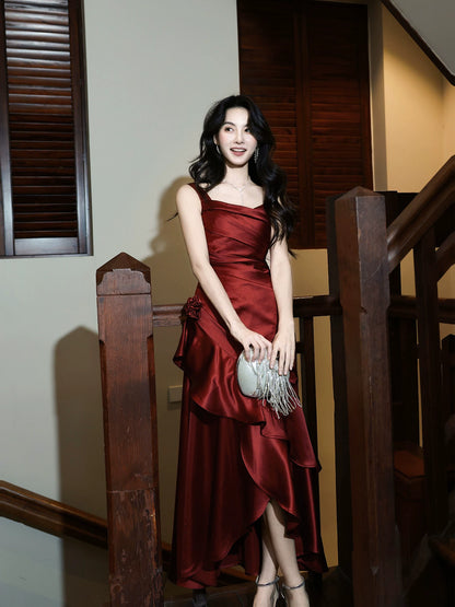 Elegant Burgundy Satin Prom Dress Layered Wedding  Guest Dress P1609