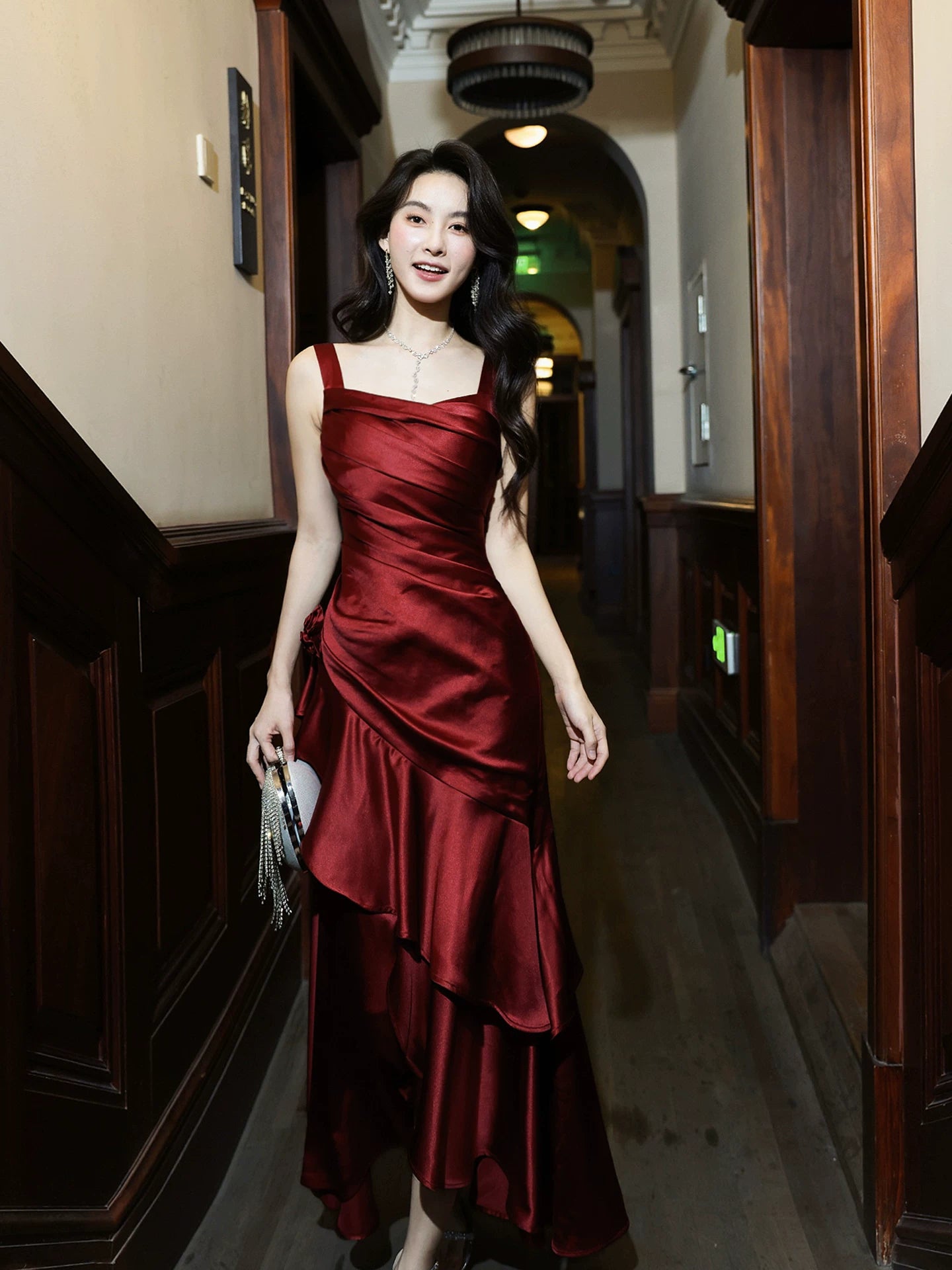 Elegant Burgundy Satin Prom Dress Layered Wedding  Guest Dress P1609