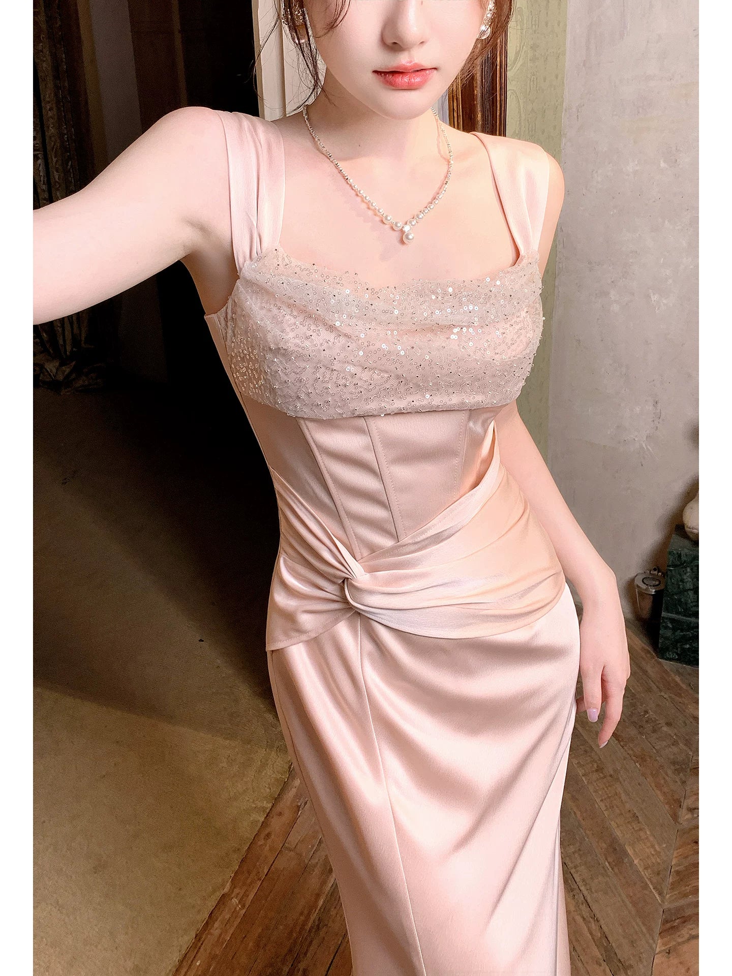 Elegant Pink Satin Prom Dress Mermaid Evening Gown  P1639