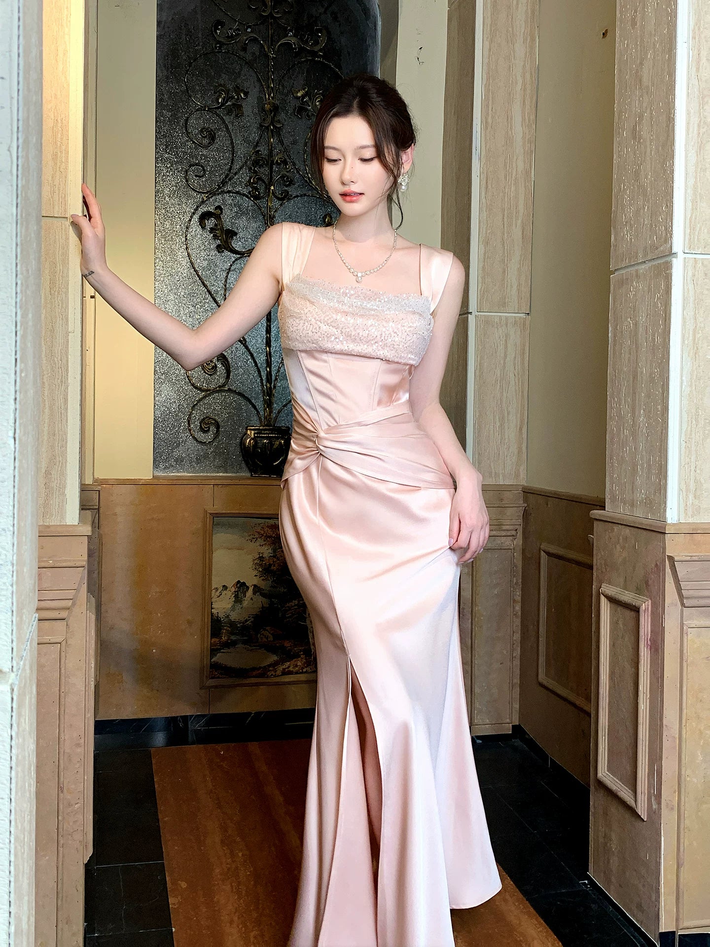 Elegant Pink Satin Prom Dress Mermaid Evening Gown  P1639