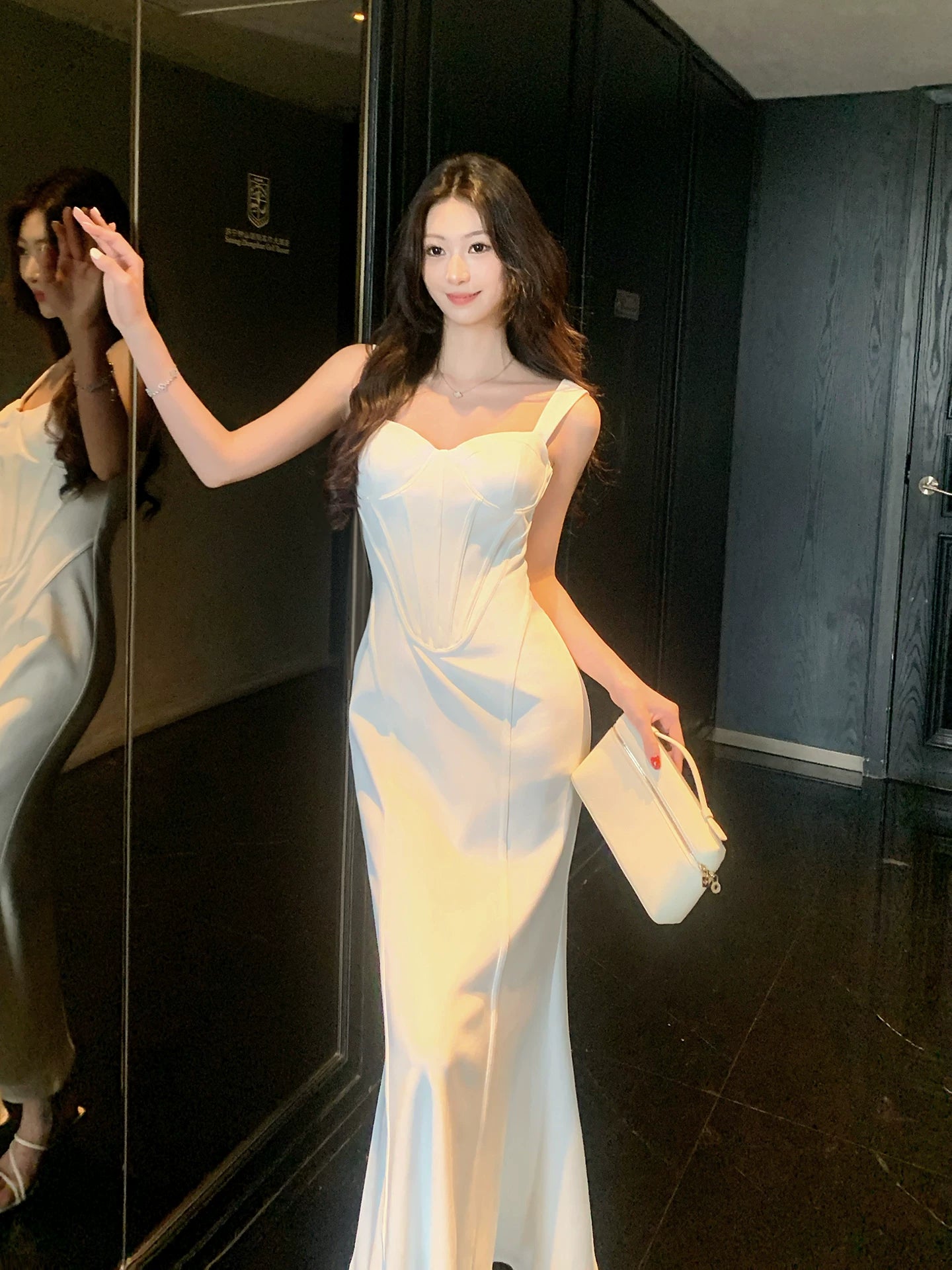 Elegant White Mermaid Satin Evening Dress Graduation Dress  P1388