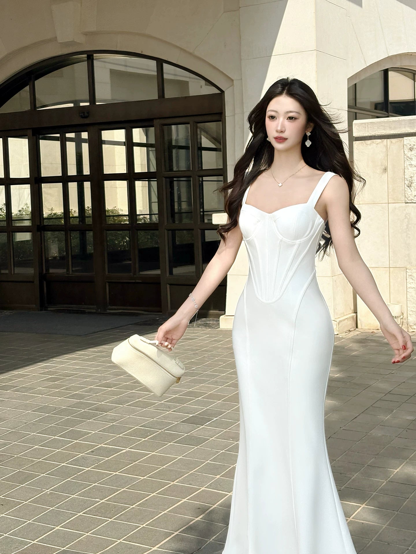 Elegant White Mermaid Satin Evening Dress Graduation Dress  P1388