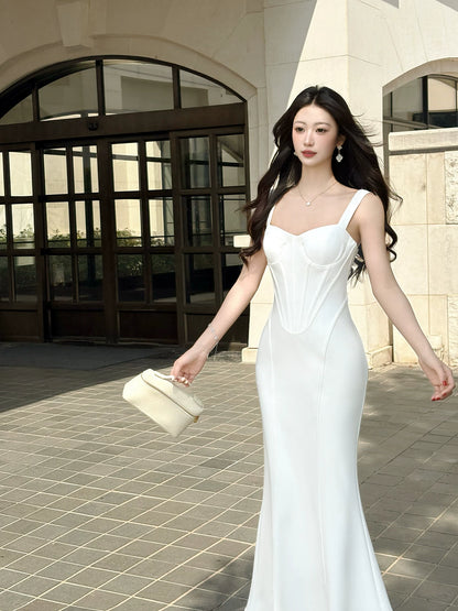 Elegant White Mermaid Satin Evening Dress Graduation Dress  P1388