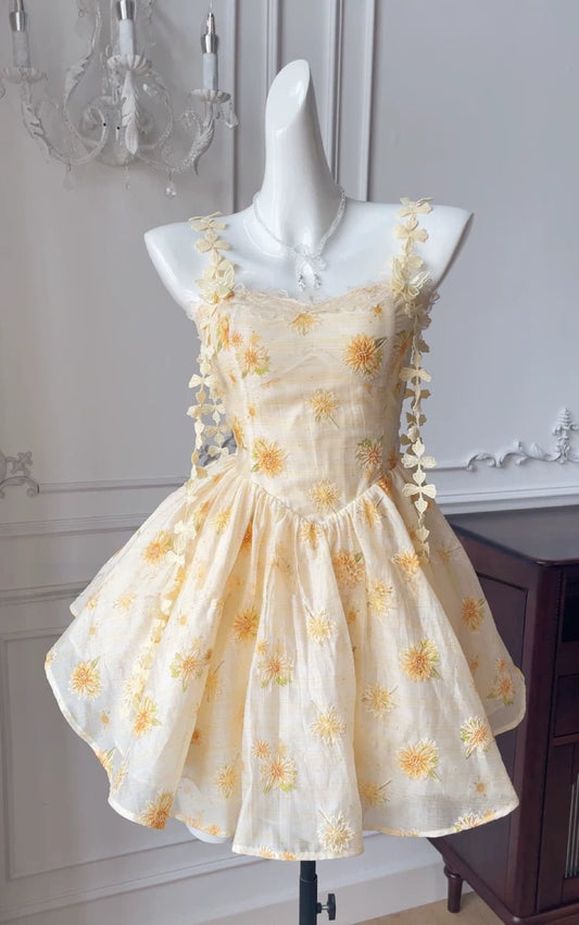 Embroidered Yellow Floral Dress Short Homecoming Dress  L170