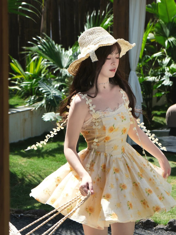 Embroidered Yellow Floral Dress Short Homecoming Dress  L170