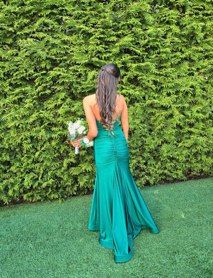 Emerald Green Mermaid Satin Formal Prom Dress  P1556