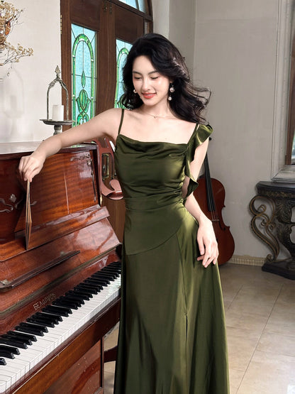 Emerald Green Ruffled Strap Prom Dress A Line Satin Party Gown  P774