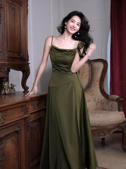 Emerald Green Ruffled Strap Prom Dress A Line Satin Party Gown  P774