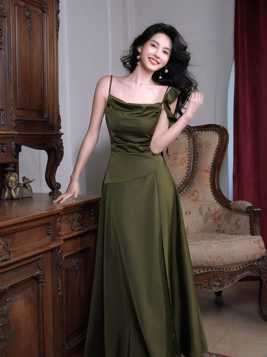 Emerald Green Ruffled Strap Prom Dress A Line Satin Party Gown  P774