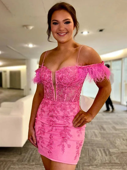 Feather Off The Shoulder Pink Lace Homecoming Dresses  P2327