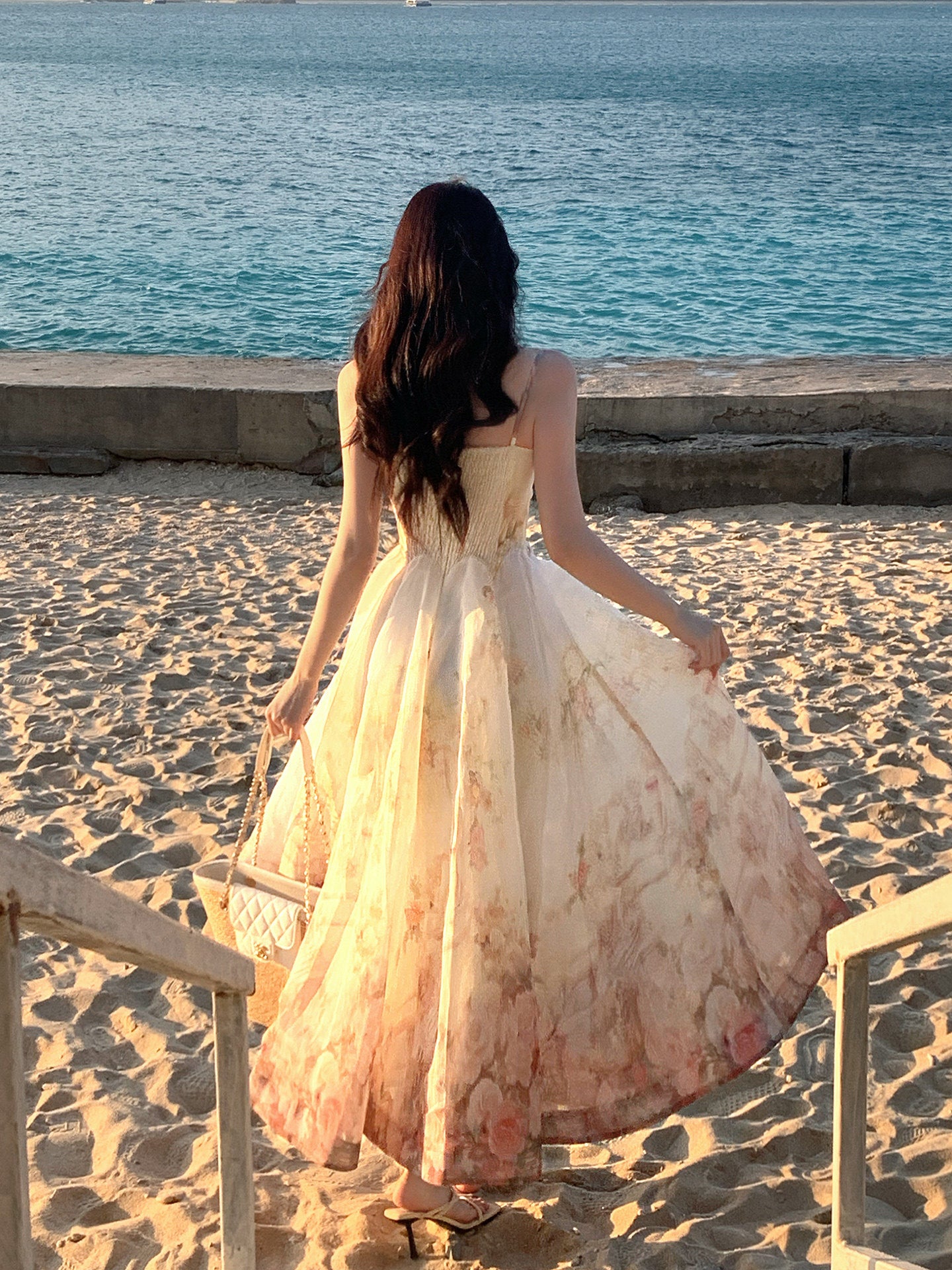Floral Print Spaghetti Strap Sleeveless A-line Dress Vacation Gown   L68