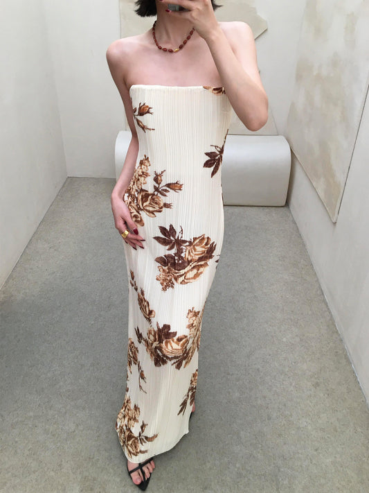 Floral Print Strapless Dress Sheath Birthday Dress  L76