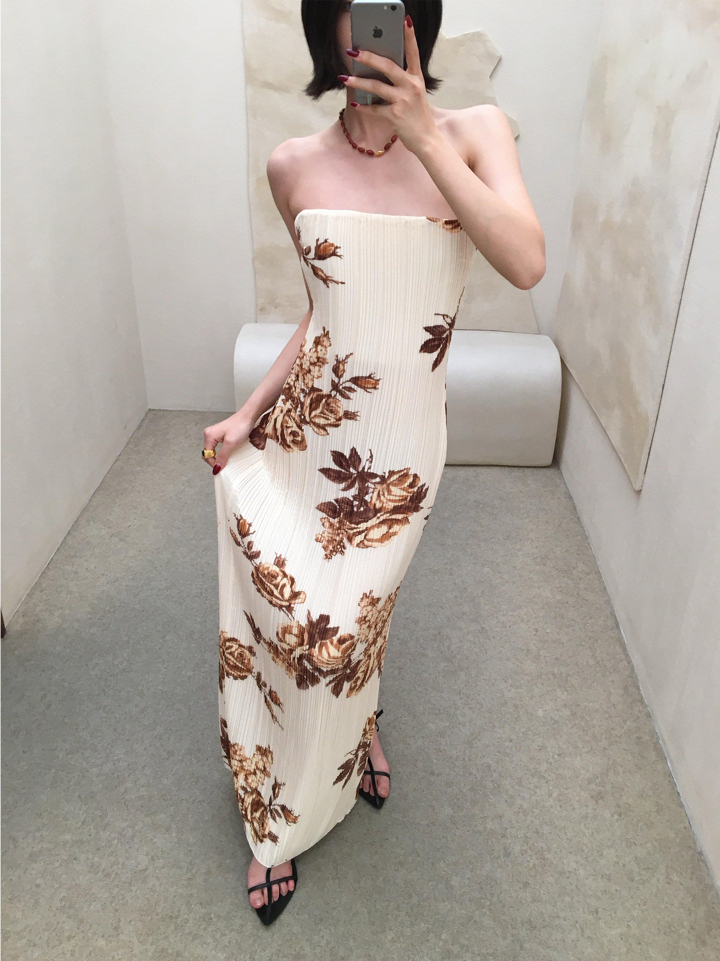 Floral Print Strapless Dress Sheath Birthday Dress  L76