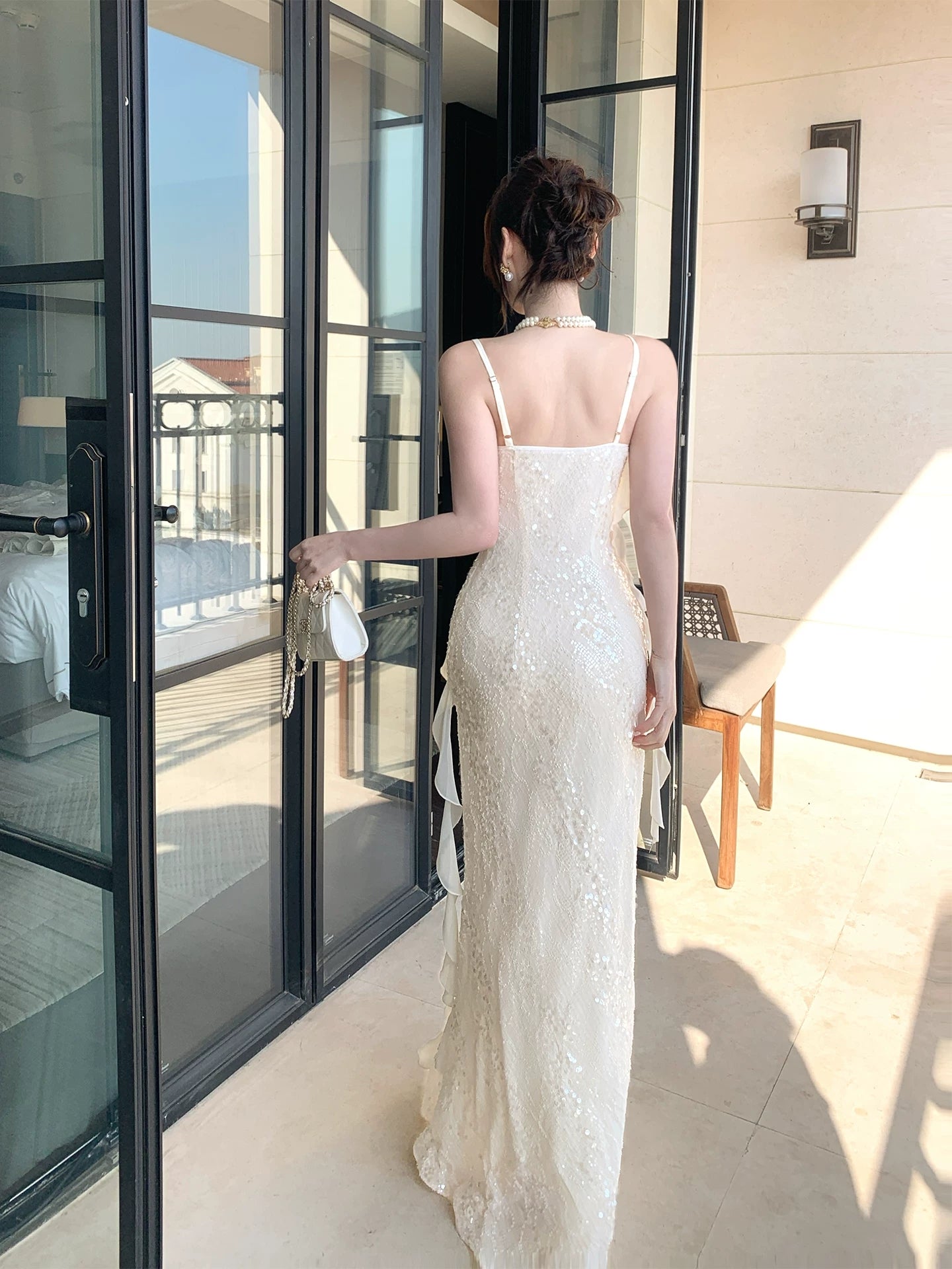 French-Style Irregular Sequined Prom Dress Ruffled Mermaid Evening Dress L53