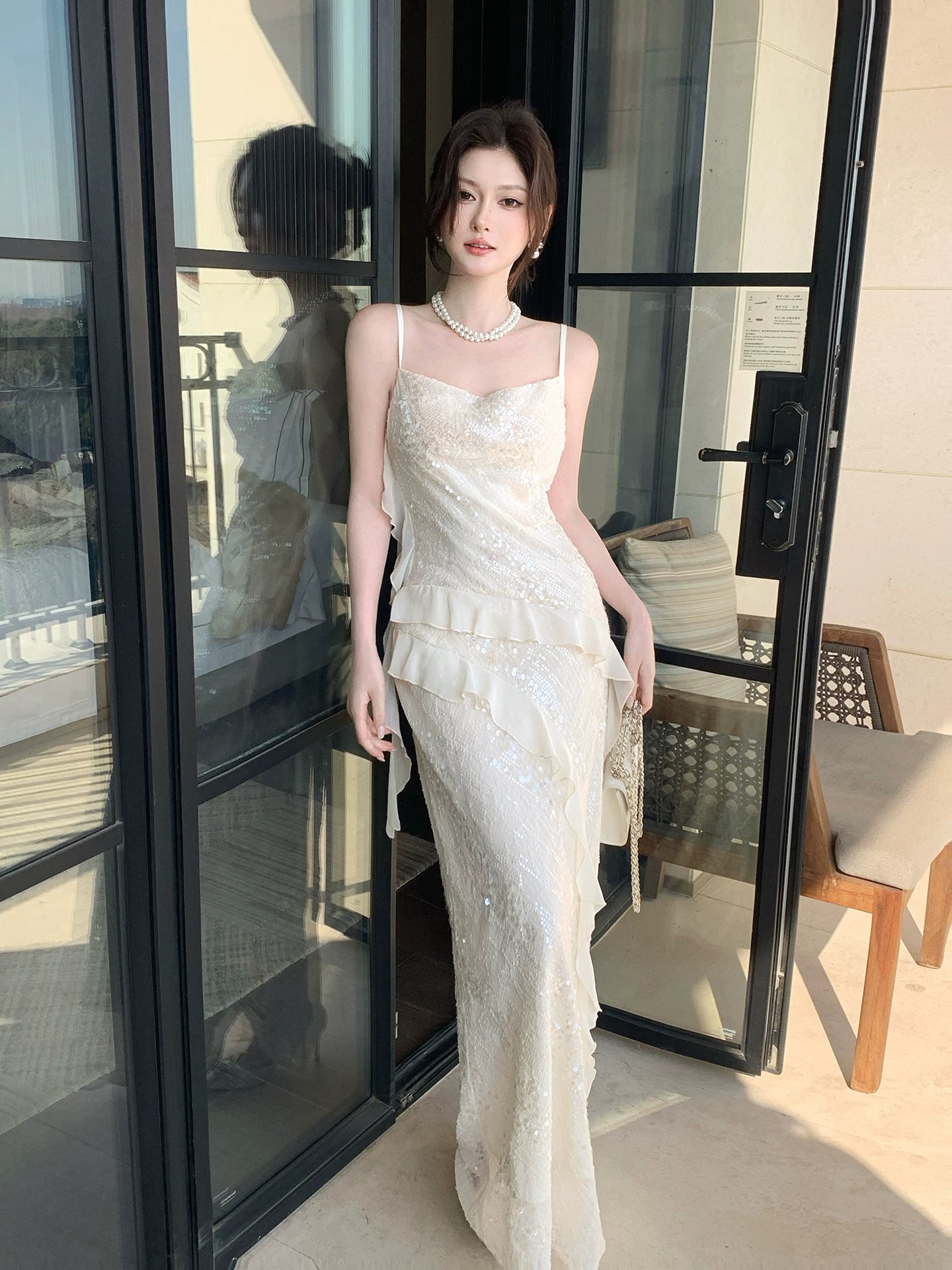 French-Style Irregular Sequined Prom Dress Ruffled Mermaid Evening Dress L53