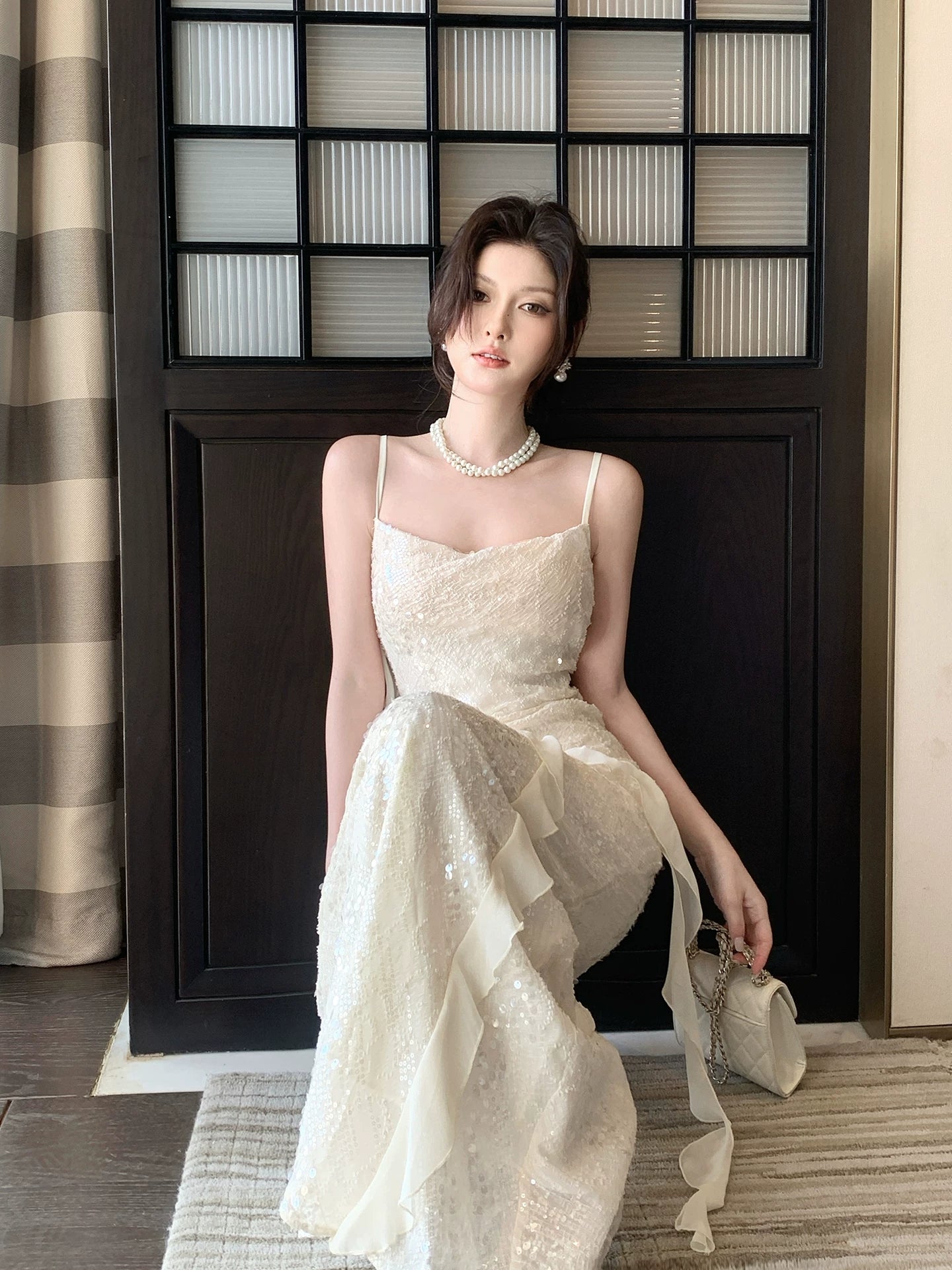 French-Style Irregular Sequined Prom Dress Ruffled Mermaid Evening Dress L53