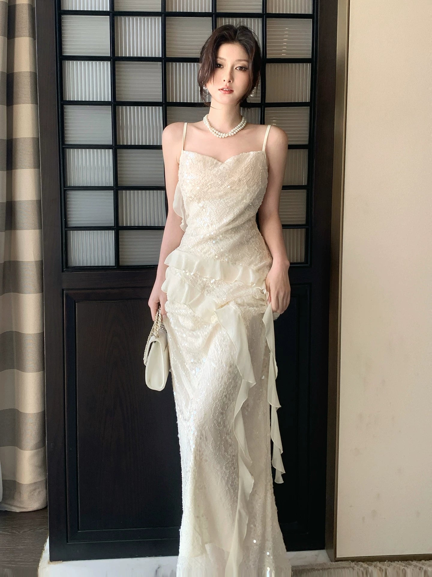 French-Style Irregular Sequined Prom Dress Ruffled Mermaid Evening Dress L53