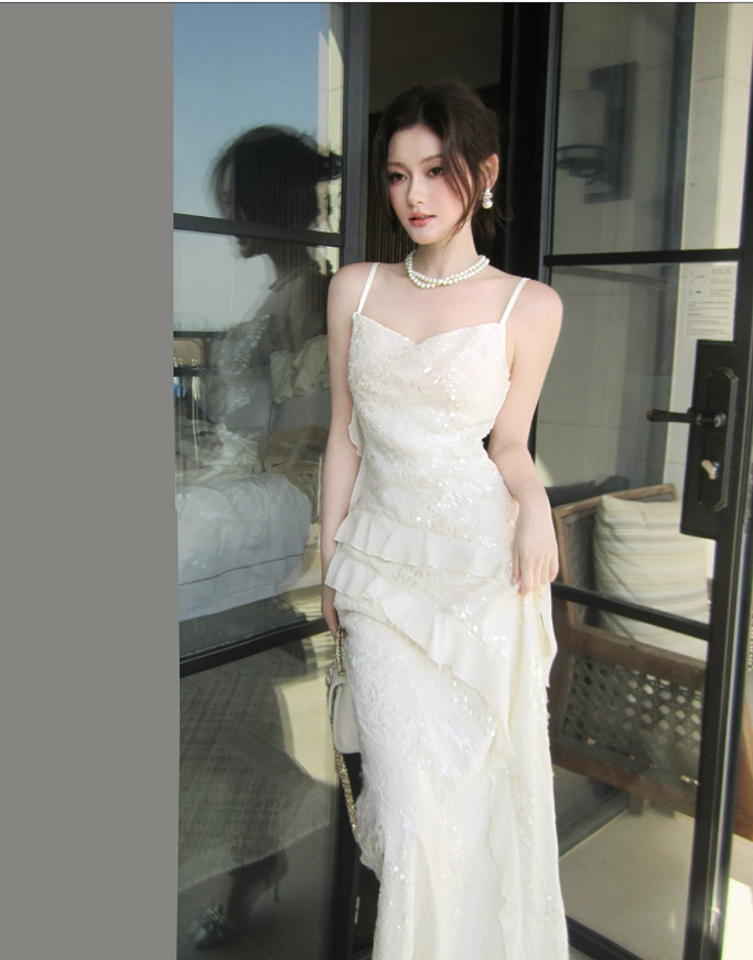 French-Style Irregular Sequined Prom Dress Ruffled Mermaid Evening Dress L53