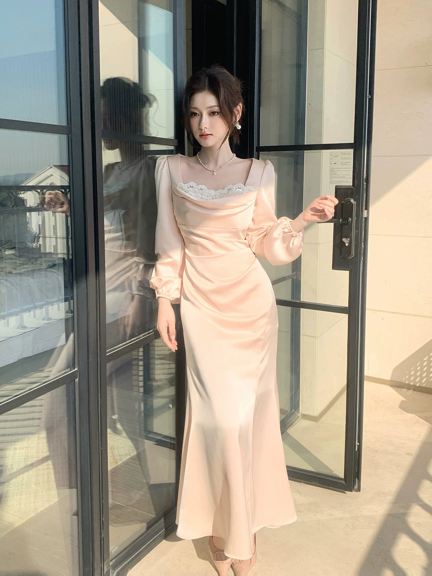 French-Style Pink Satin Long-Sleeved Dress Square Neck Mermaid Bodycon Dress  P669