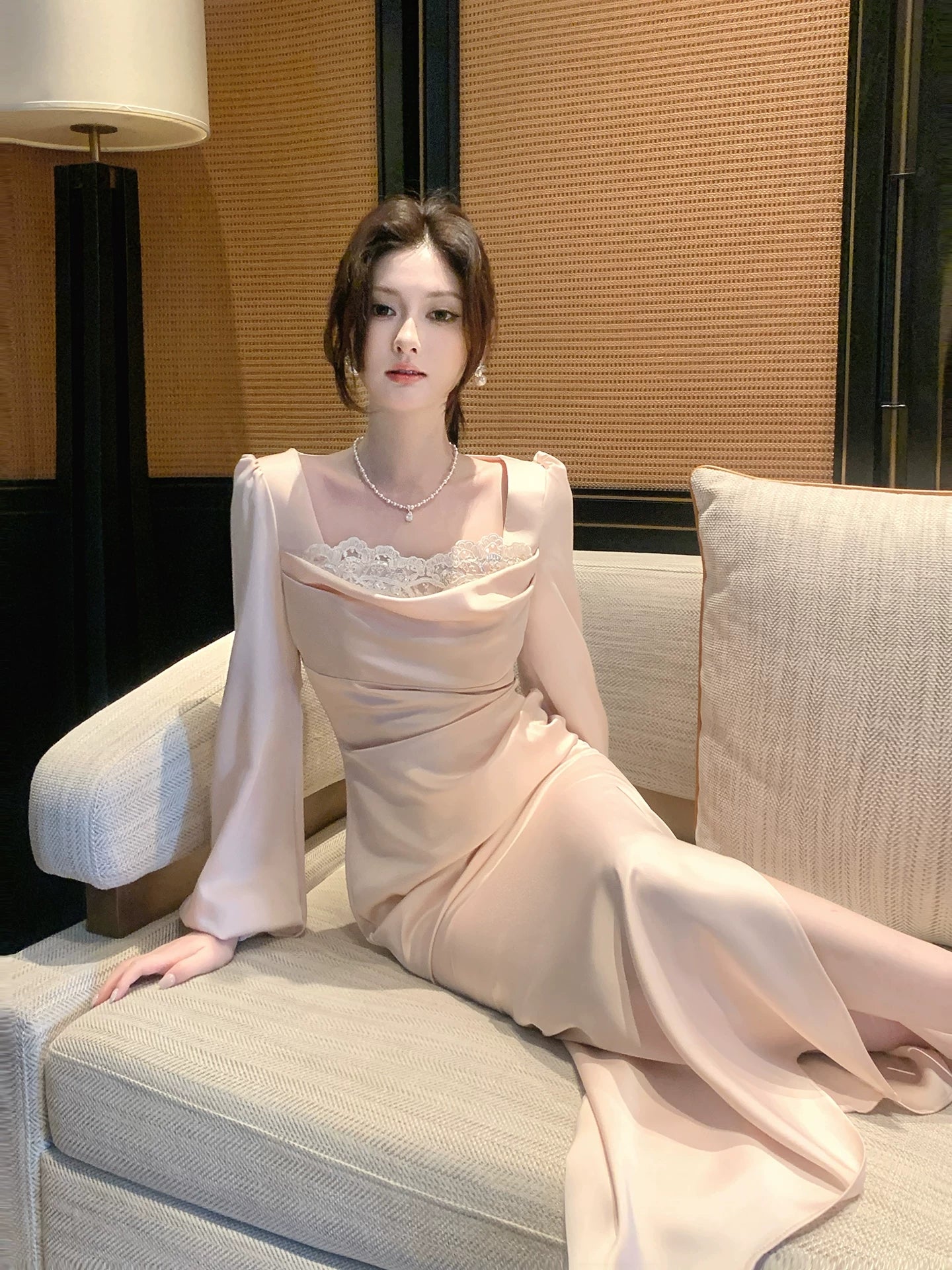French-Style Pink Satin Long-Sleeved Dress Square Neck Mermaid Bodycon Dress  P669